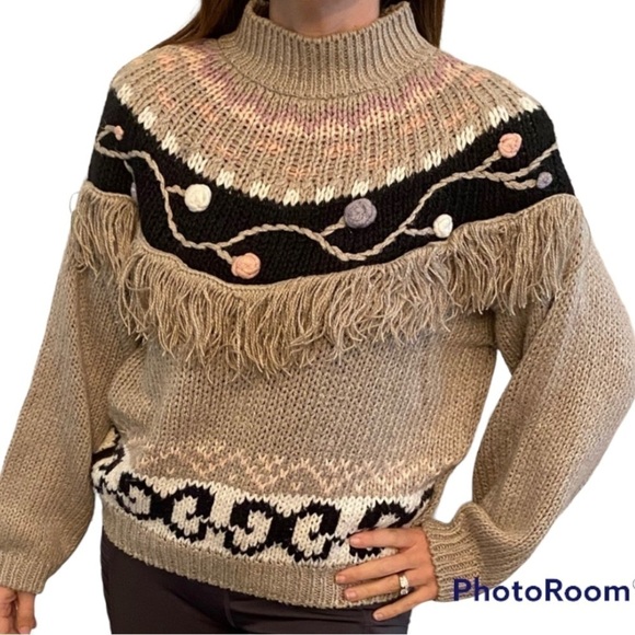 RARE Vintage Cristina Fringe Knit Turtleneck Sweater - Picture 1 of 9